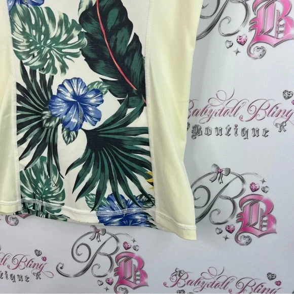 Hurley rash guard swim shirt Cream T-Shirt with Green and Blue Tropical Print - Picture 3 of 9